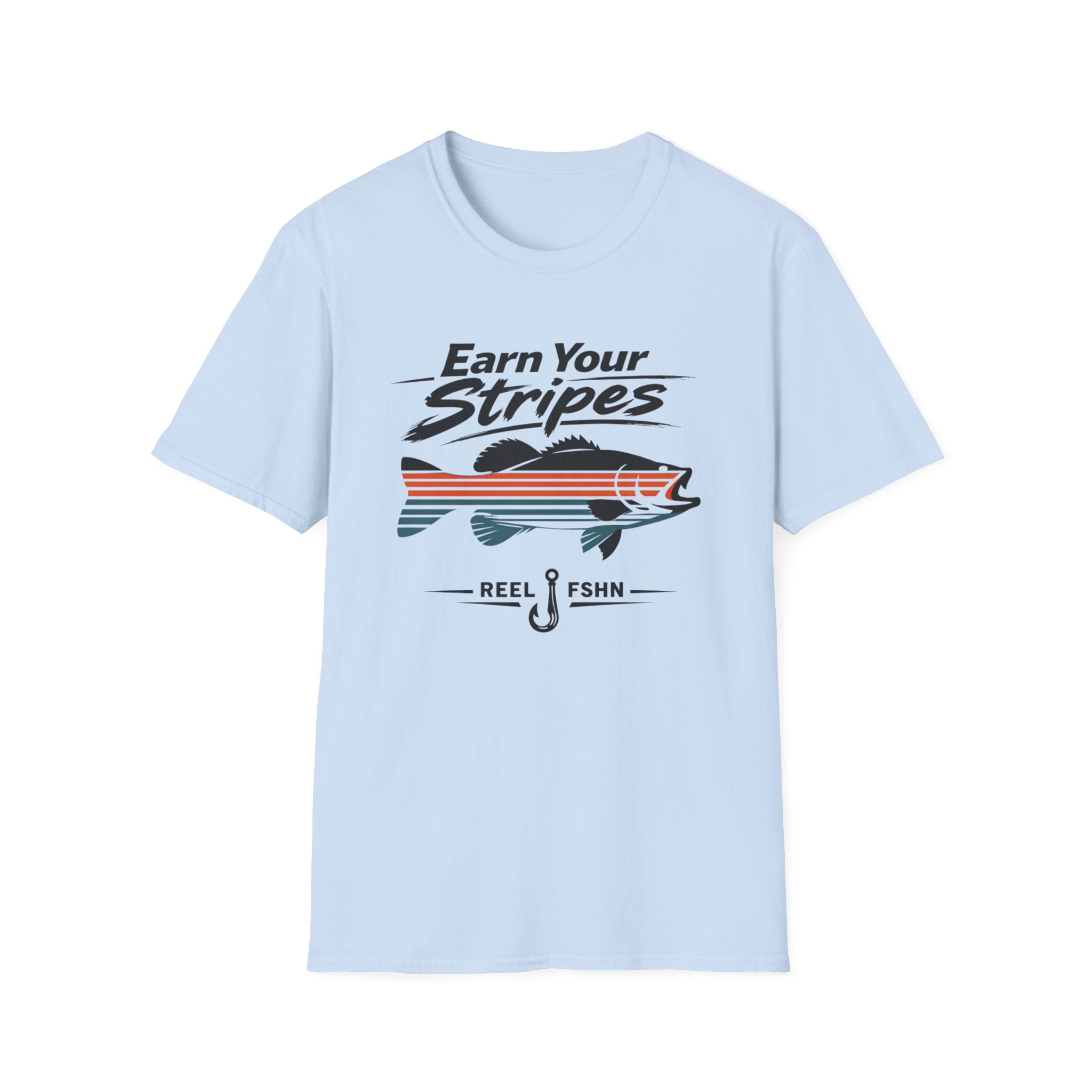 Light blue Comfort Colors unisex t-shirt with "Earn Your Stripes" text and a striped bass graphic.