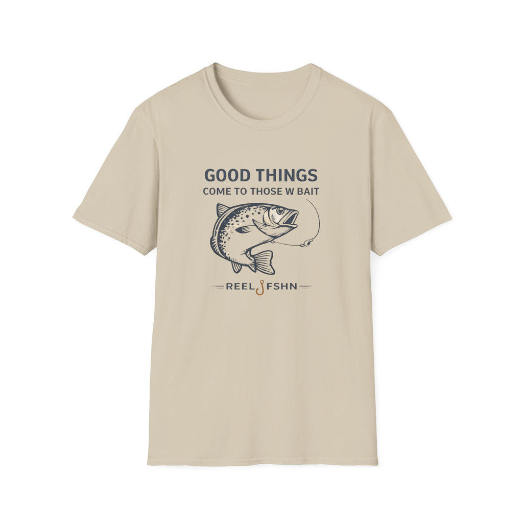 Tan Comfort Colors cotton t-shirt with "Good Things Come To Those W Bait" text and a fish graphic.