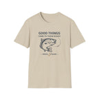 Tan Comfort Colors cotton t-shirt with "Good Things Come To Those W Bait" text and a fish graphic.