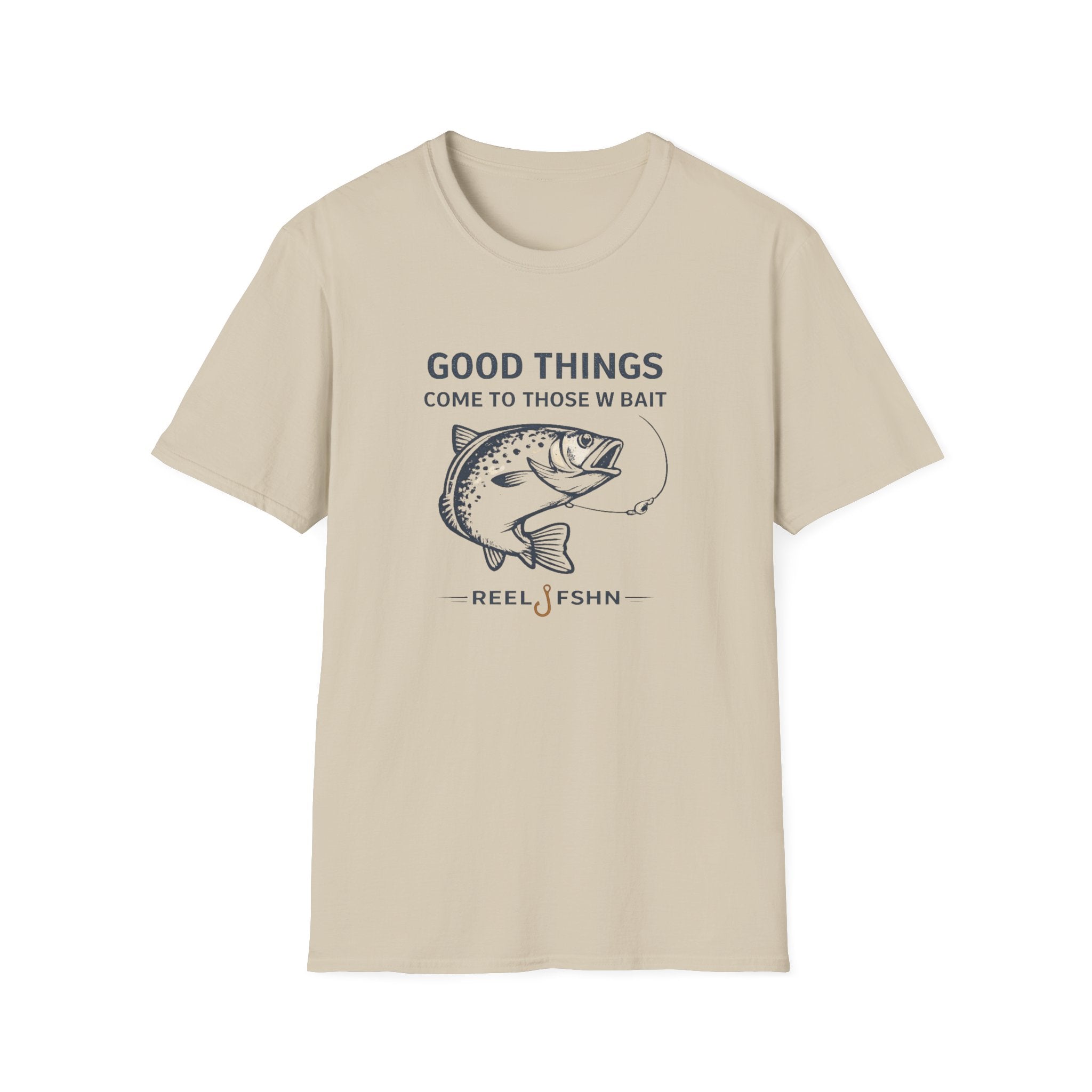 Tan Comfort Colors cotton t-shirt with "Good Things Come To Those W Bait" text and a fish graphic.