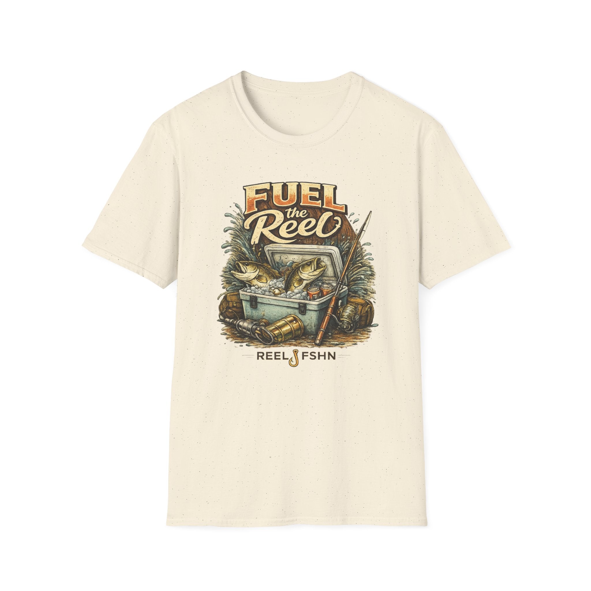 Cream Comfort Colors cotton t-shirt with "Fuel the Reel" graphic featuring a cooler, fishing rods, and fish.