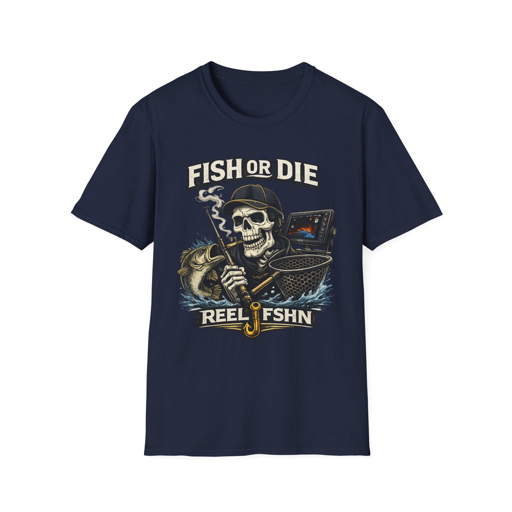 Navy blue Comfort Colors t-shirt with a "Fish or Die" skull fishing graphic, holding a rod, net, and fish.