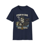 Navy blue Comfort Colors t-shirt with a "Fish or Die" skull fishing graphic, holding a rod, net, and fish.