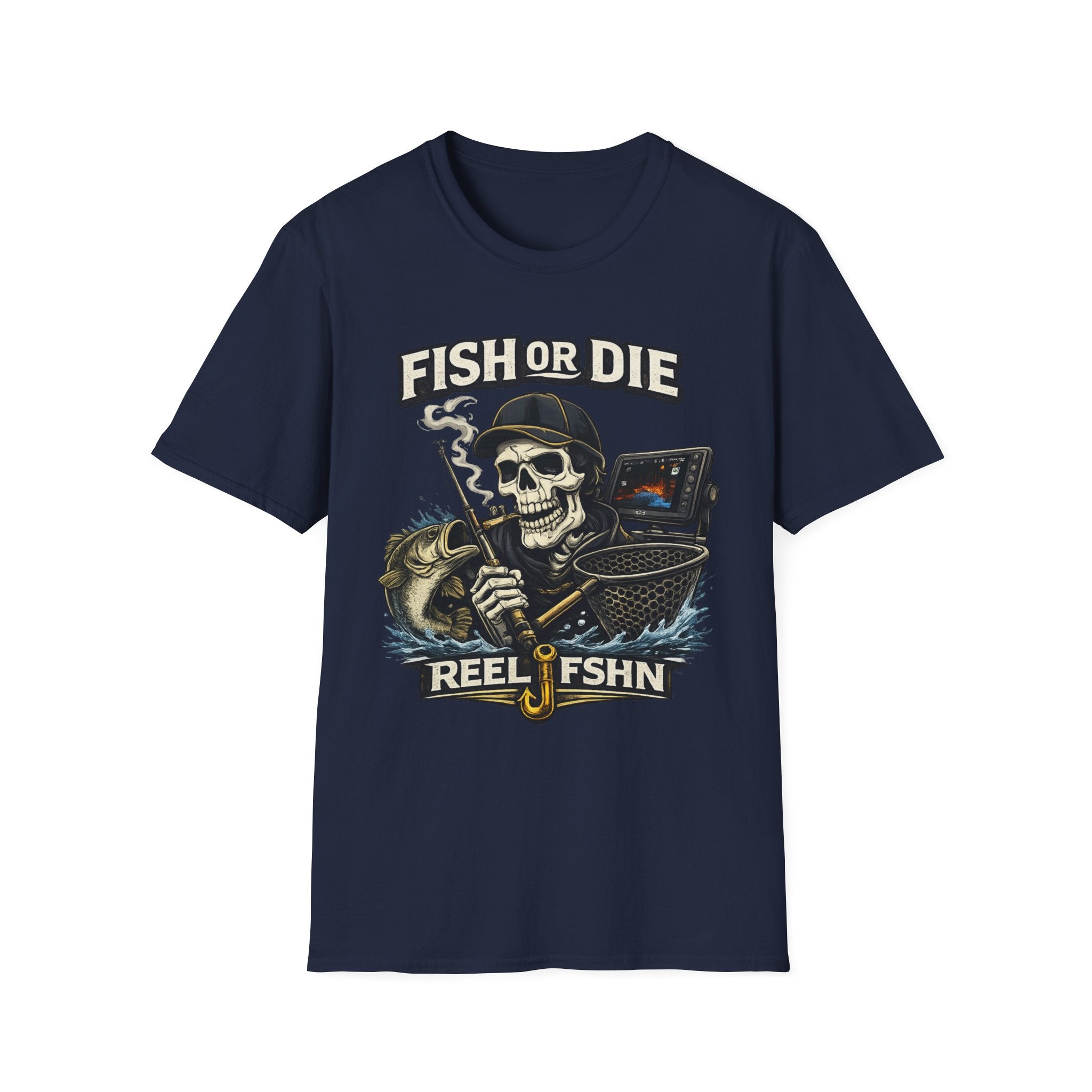 Navy blue Comfort Colors t-shirt with a "Fish or Die" skull fishing graphic, holding a rod, net, and fish.
