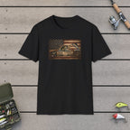 American Flag With Bass and Marlin T-Shirt on a wooden dock with fishing rod, reel, tackle box and lures
