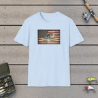 American Flag With Bass T-Shirt on a wooden dock with fishing rod, reel, tackle box and lures
