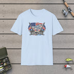 American Flag with Two Rods T-Shirt on a wooden dock with fishing rod, reel, tackle box and lures