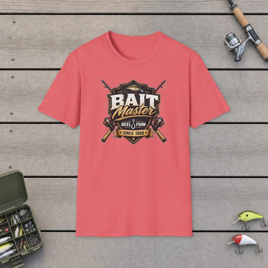 Bait Master Since 1968 T-Shirt flat-laid on wooden dock boards beside a fishing rod and tackle box