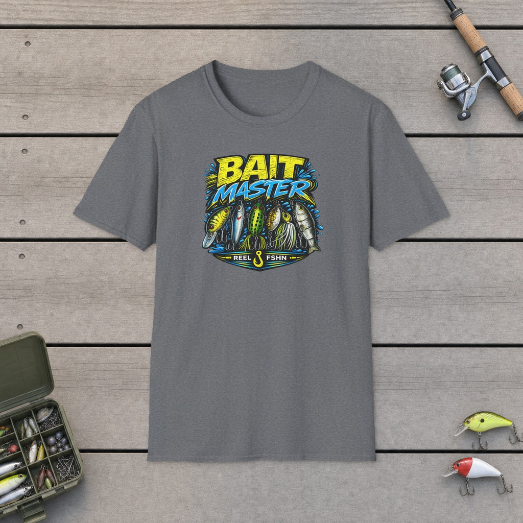Bait Master T-Shirt flat-laid on wooden dock boards beside a fishing rod and tackle box
