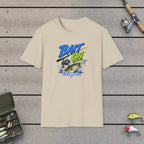 Bait On with Rod & Reel  T-Shirt on a wooden dock with fishing rod, reel, tackle box and lures