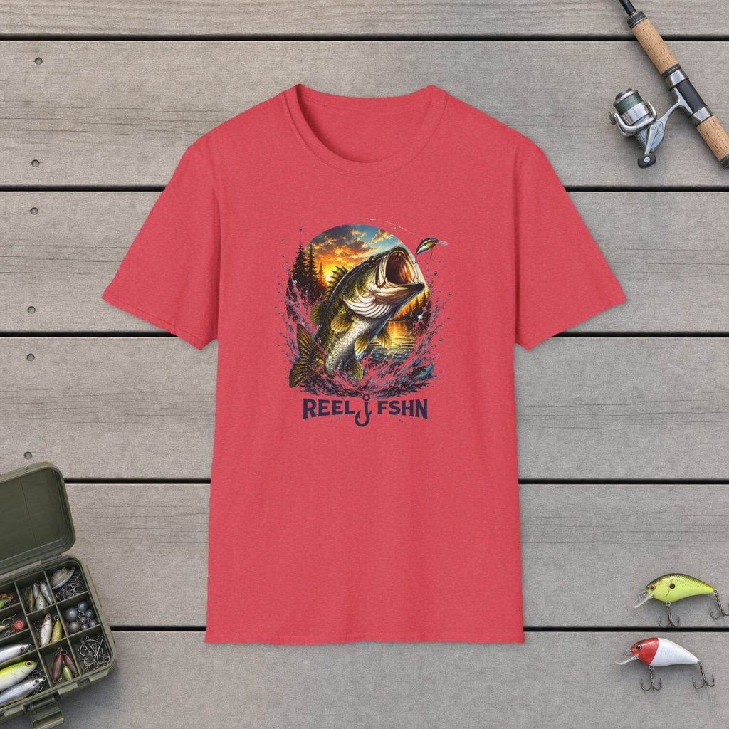 Bass Jumping Out of Water  T-Shirt flat-laid on wooden dock boards beside a fishing rod and tackle box