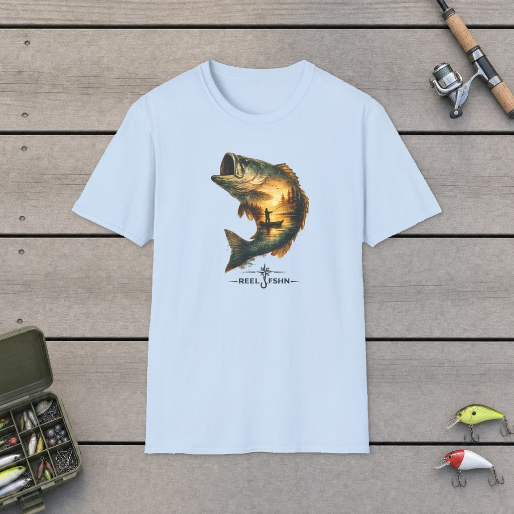 Bass Leaped At Golden Hour T-Shirt flat-laid on wooden dock boards beside a fishing rod and tackle box