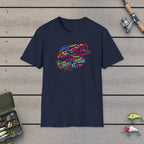 Funky Bass with REEL FSHN Logo T-Shirt on a wooden dock with fishing rod, reel, tackle box and lures