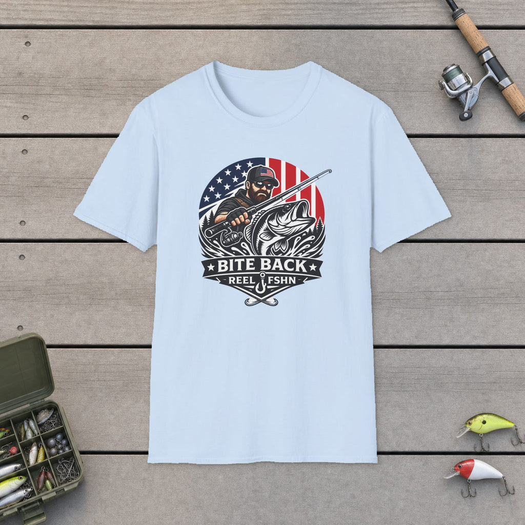 Bite Back T-Shirt flat-laid on wooden dock boards beside a fishing rod and tackle box