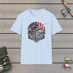 Bite Back T-Shirt on a wooden dock with fishing rod, reel, tackle box and lures