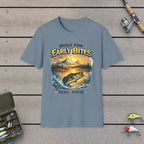 "Built for Early Bites" T-Shirt on a wooden dock with fishing rod, reel, tackle box and lures