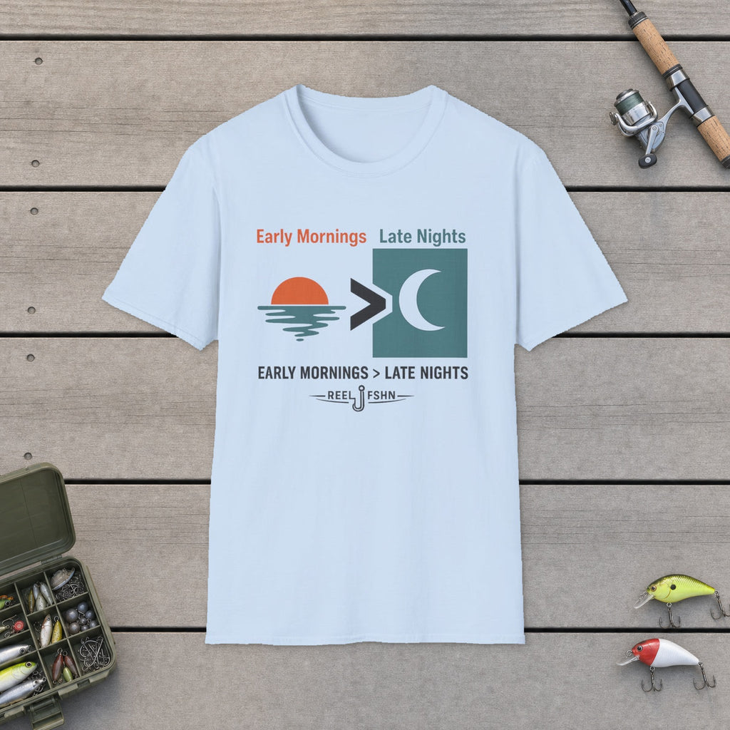 Early Mornings > Late Nights T-Shirt flat-laid on wooden dock boards beside a fishing rod and tackle box