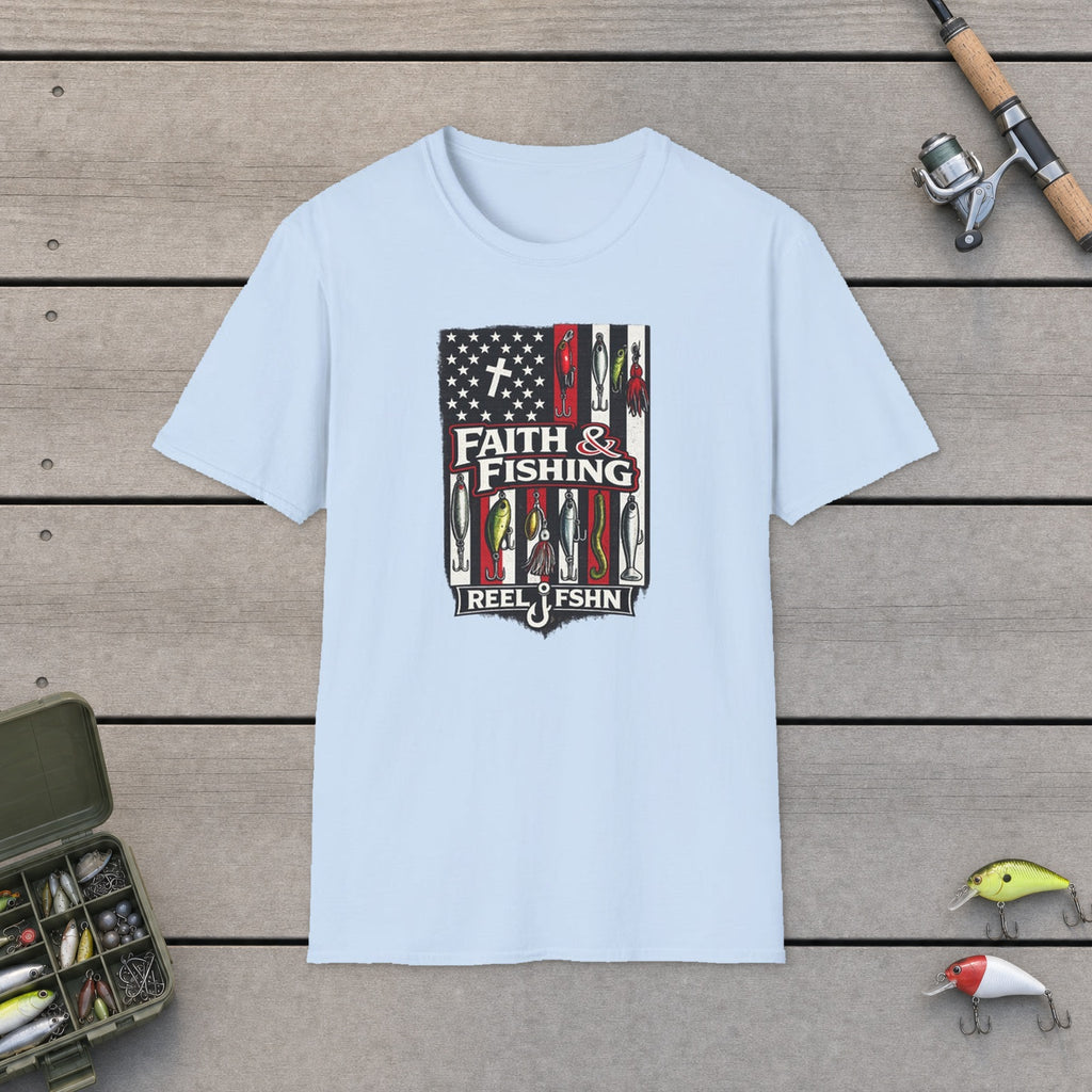 Faith & Fishing! T-Shirt flat-laid on wooden dock boards beside a fishing rod and tackle box