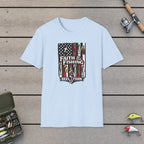 Faith & Fishing! T-Shirt on a wooden dock with fishing rod, reel, tackle box and lures