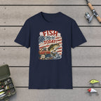 Fish More. TODAY! T-Shirt on a wooden dock with fishing rod, reel, tackle box and lures