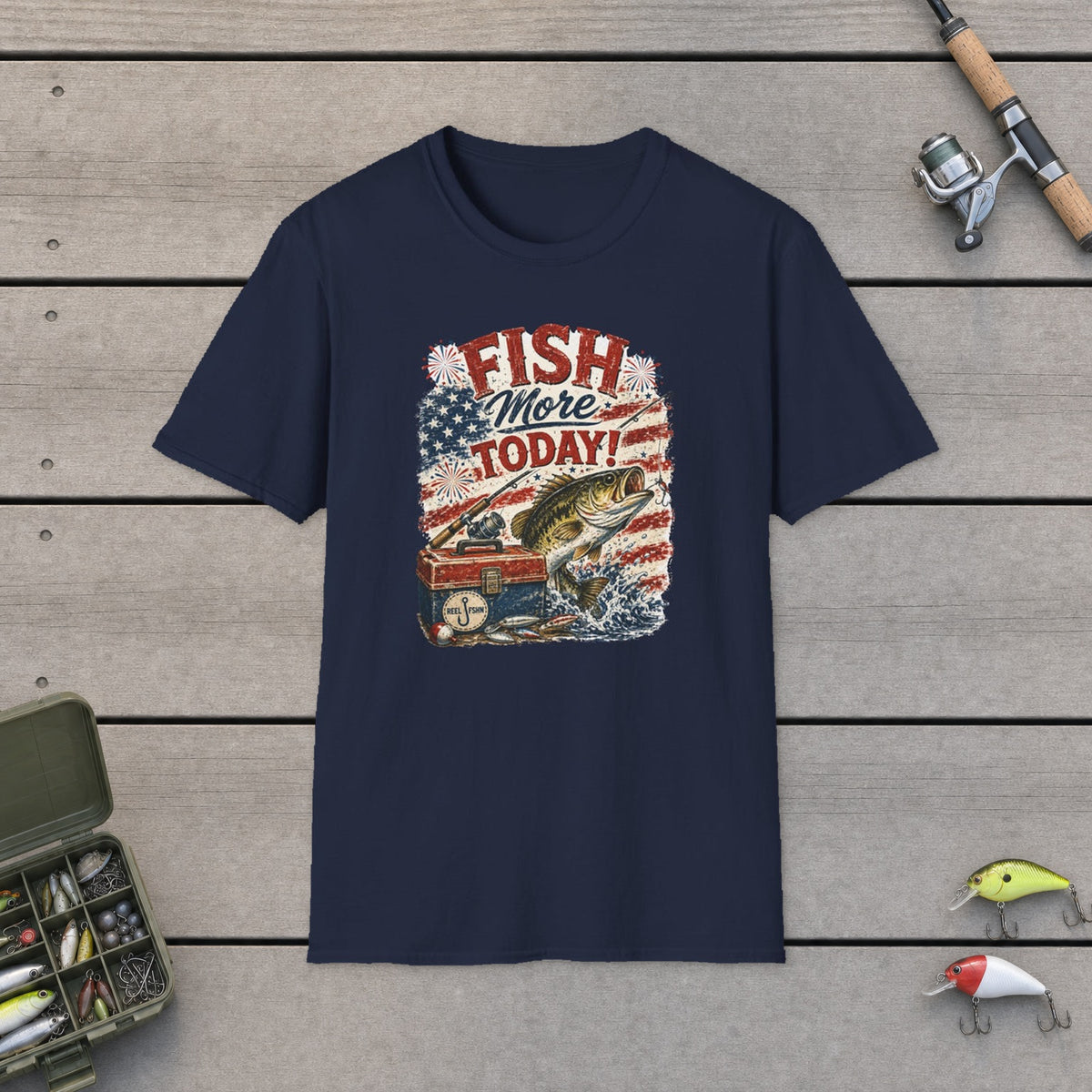 Fish More. TODAY! T-Shirt on a wooden dock with fishing rod, reel, tackle box and lures