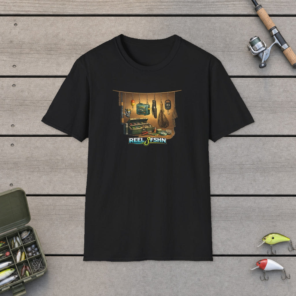 Fishing Gear  T-Shirt flat-laid on wooden dock boards beside a fishing rod and tackle box