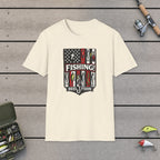 Fishing! T-Shirt on a wooden dock with fishing rod, reel, tackle box and lures