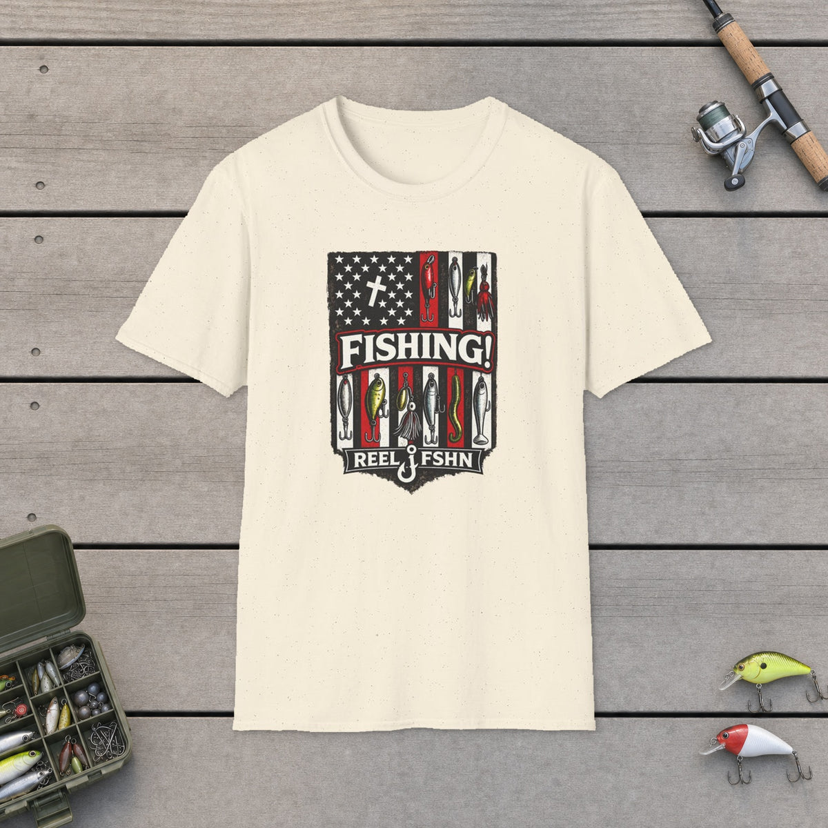 Fishing! T-Shirt on a wooden dock with fishing rod, reel, tackle box and lures