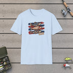Flowery Fish & Stars T-Shirt on a wooden dock with fishing rod, reel, tackle box and lures