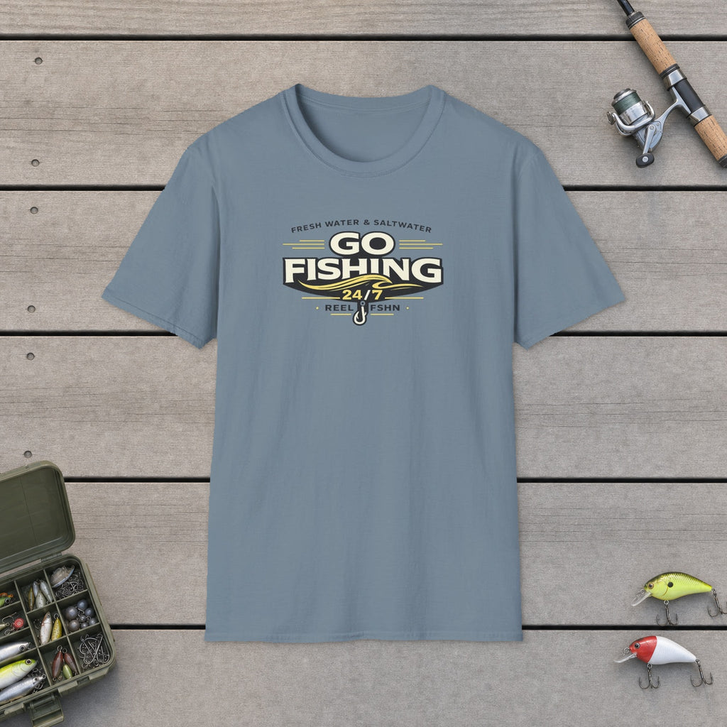 Fresh Water Salt Water Go Fishing T-Shirt flat-laid on wooden dock boards beside a fishing rod and tackle box