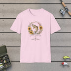 Gone Fishing Female T-Shirt on a wooden dock with fishing rod, reel, tackle box and lures