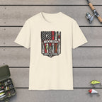 Hooked! T-Shirt on a wooden dock with fishing rod, reel, tackle box and lures