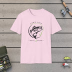 Lake Life T-Shirt on a wooden dock with fishing rod, reel, tackle box and lures