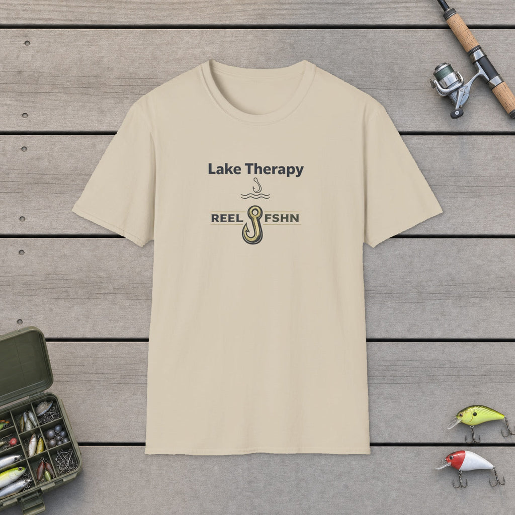 Lake Therapy  T-Shirt flat-laid on wooden dock boards beside a fishing rod and tackle box