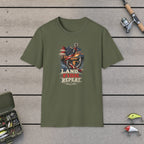 Land. Fish. Repeat. T-Shirt on a wooden dock with fishing rod, reel, tackle box and lures