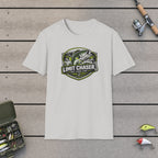 Limit Chaser T-Shirt on a wooden dock with fishing rod, reel, tackle box and lures