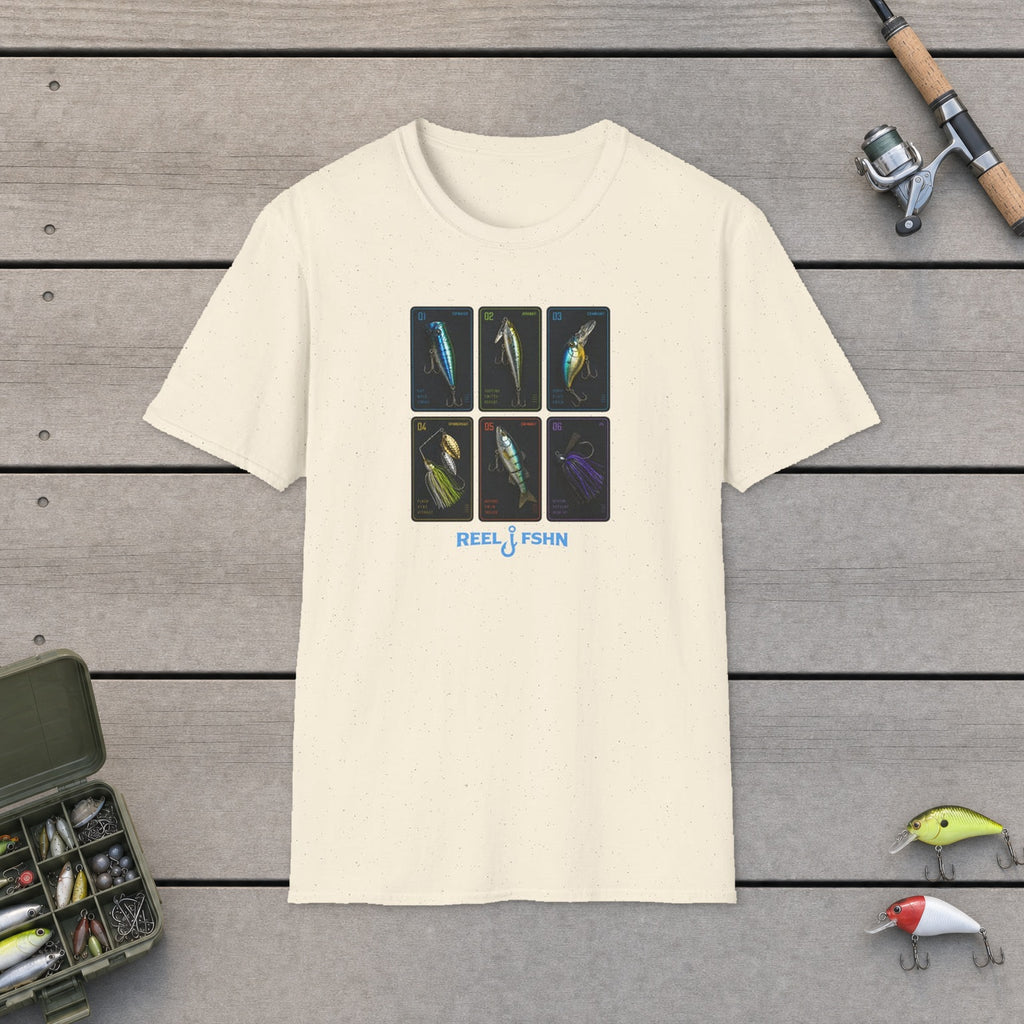 Lure Ready Cards  T-Shirt flat-laid on wooden dock boards beside a fishing rod and tackle box