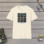 Lure Ready Cards  T-Shirt on a wooden dock with fishing rod, reel, tackle box and lures