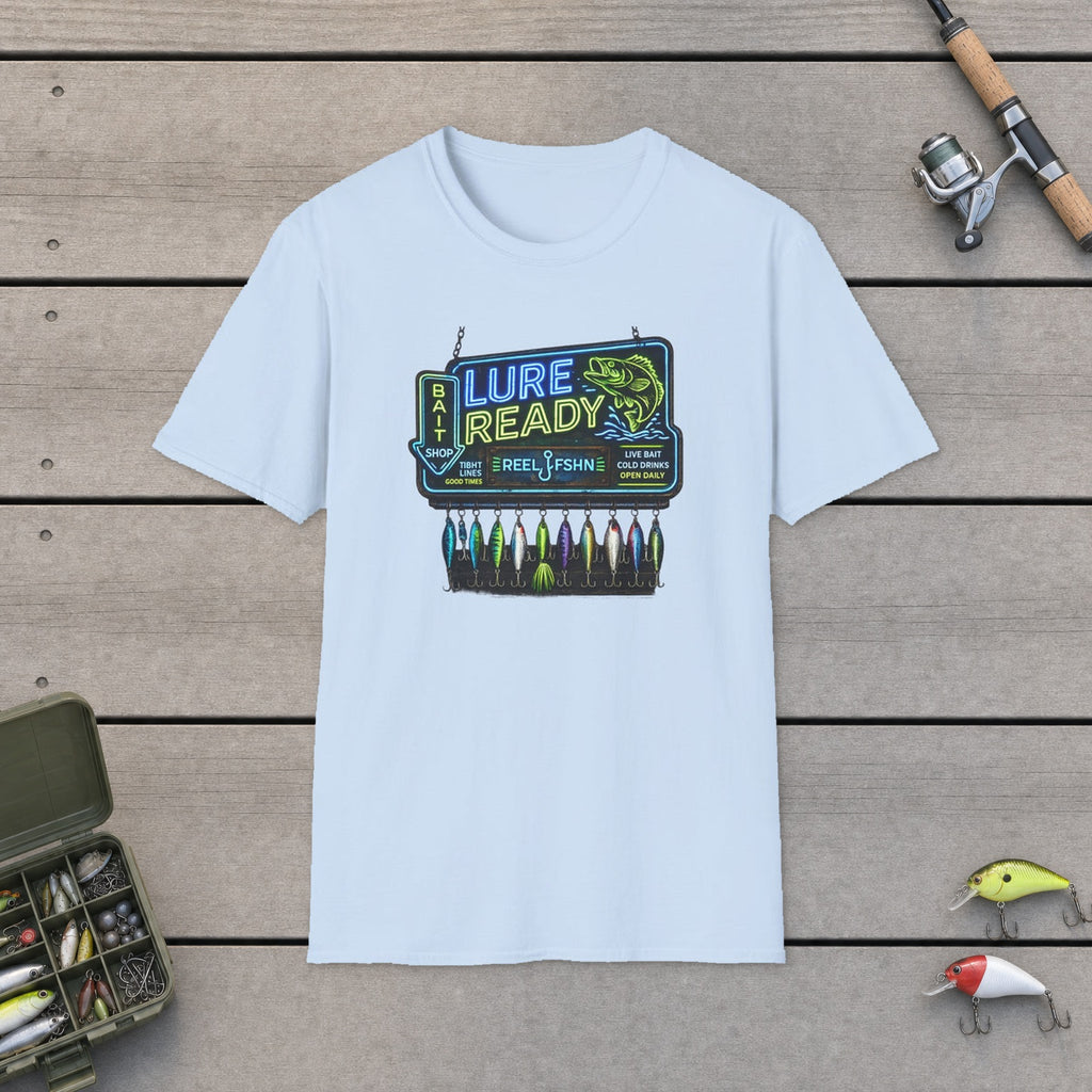 Lure Ready Neon Sign  T-Shirt flat-laid on wooden dock boards beside a fishing rod and tackle box