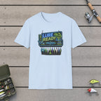 Lure Ready Neon Sign  T-Shirt on a wooden dock with fishing rod, reel, tackle box and lures