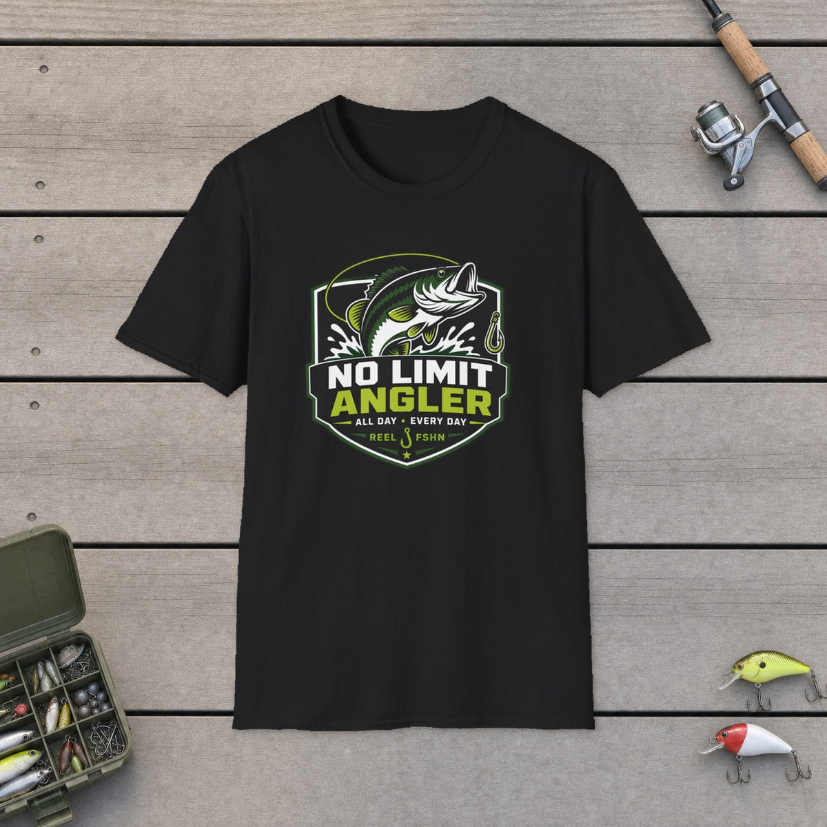 No Limit Angler T-Shirt on a wooden dock with fishing rod, reel, tackle box and lures