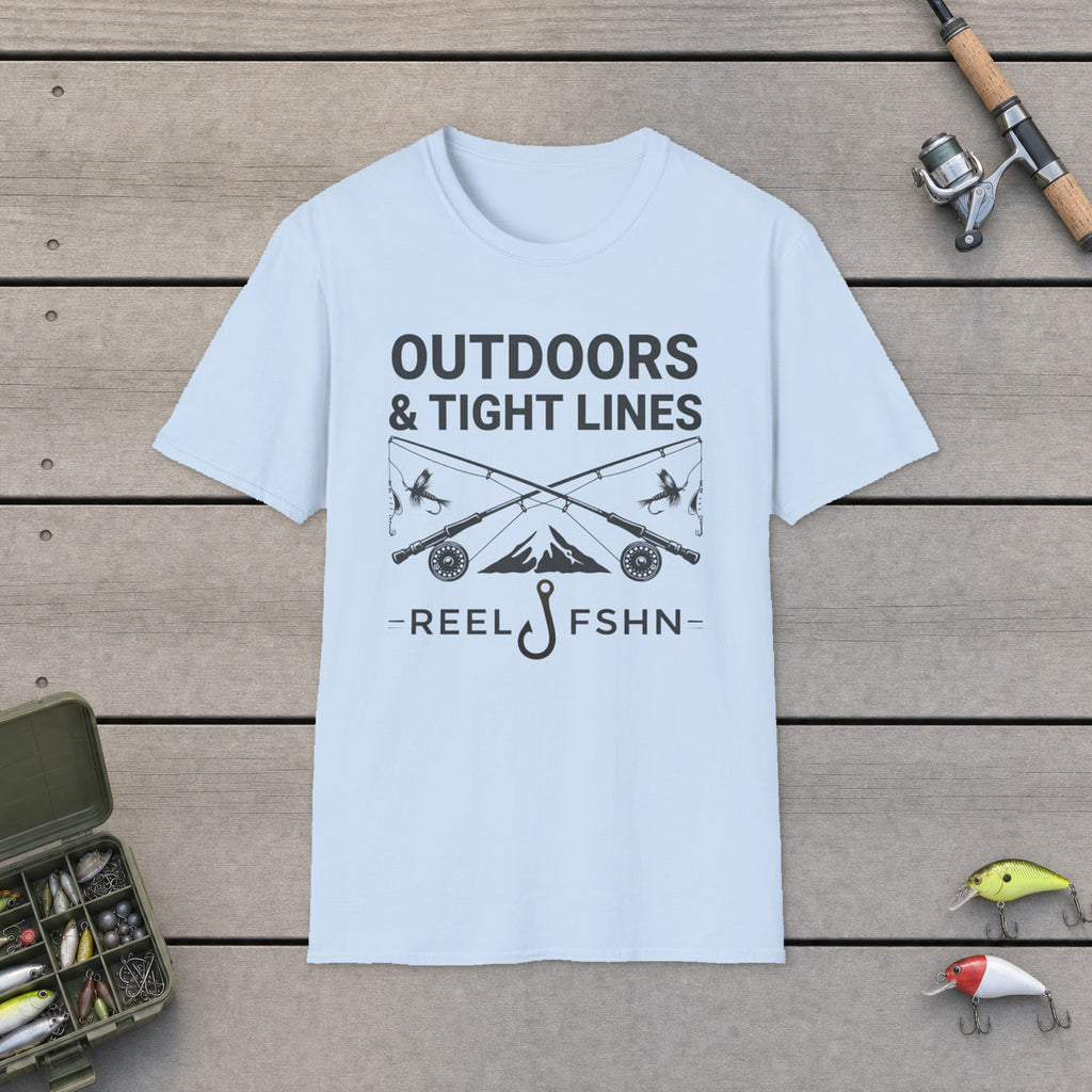Outdoors and Tight Lines T-Shirt flat-laid on wooden dock boards beside a fishing rod and tackle box