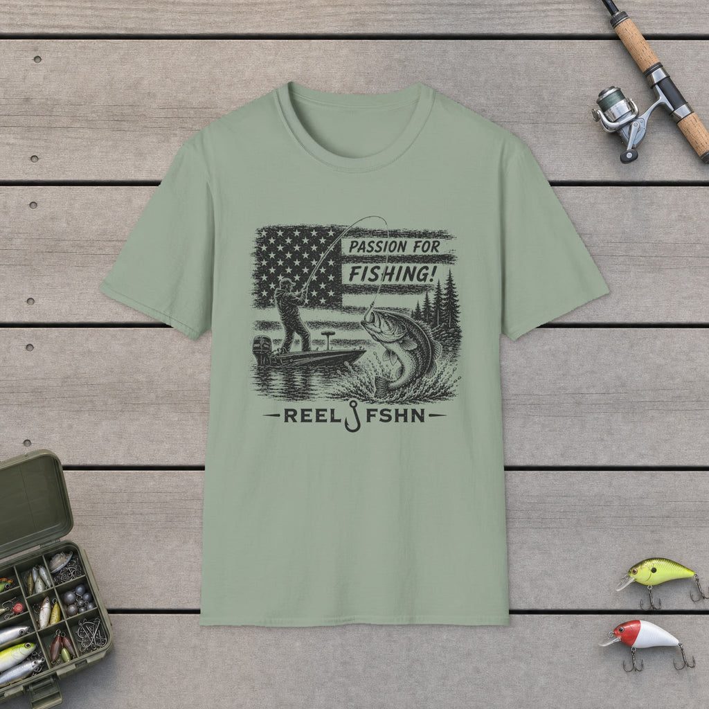 Passion For Fishing Black Print T-Shirt flat-laid on wooden dock boards beside a fishing rod and tackle box