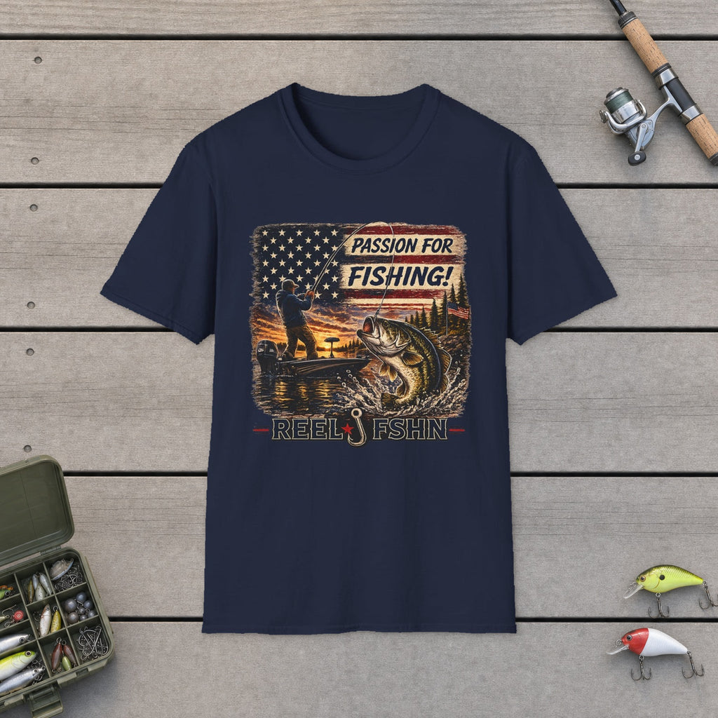 Passion For Fishing Colored Print T-Shirt flat-laid on wooden dock boards beside a fishing rod and tackle box