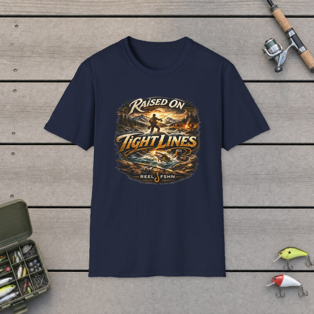 Raised On Tight Lines T-Shirt flat-laid on wooden dock boards beside a fishing rod and tackle box