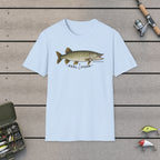 REEL FSHN NORTHERN PIKE T-Shirt on a wooden dock with fishing rod, reel, tackle box and lures