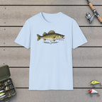 REEL FSHN WALLEYE T-Shirt on a wooden dock with fishing rod, reel, tackle box and lures
