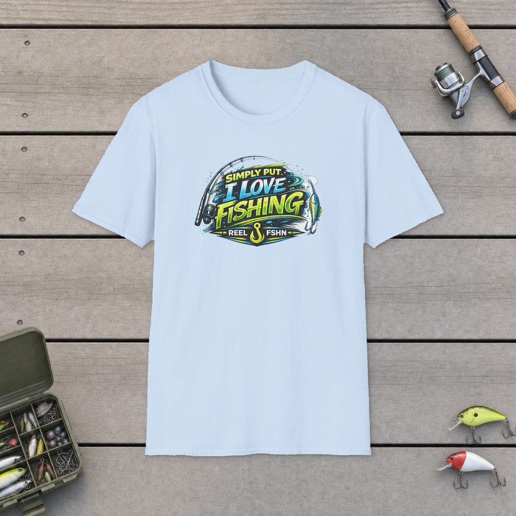 Simply Put I Love Fishing T-Shirt flat-laid on wooden dock boards beside a fishing rod and tackle box