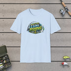 Simply Put I Love Fishing T-Shirt on a wooden dock with fishing rod, reel, tackle box and lures