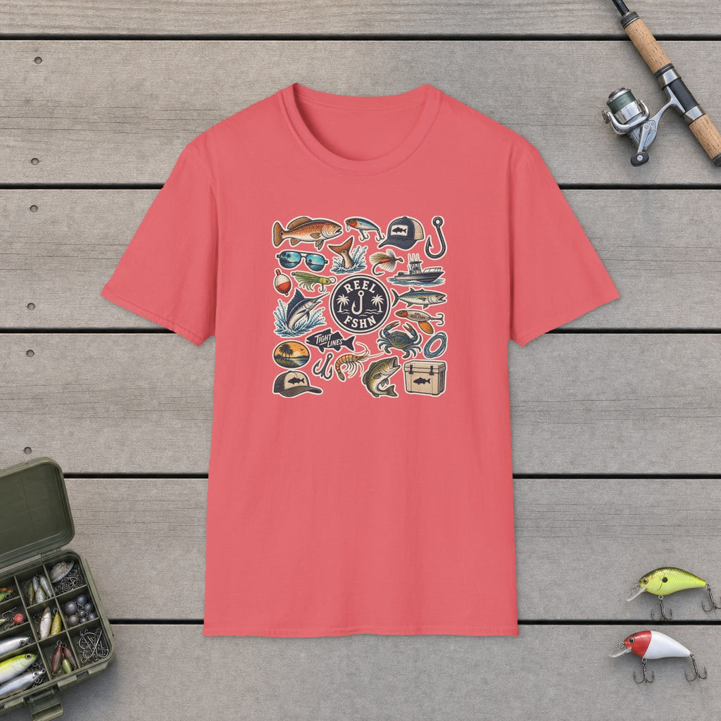Tackle Box Sticker Sheet T-Shirt flat-laid on wooden dock boards beside a fishing rod and tackle box